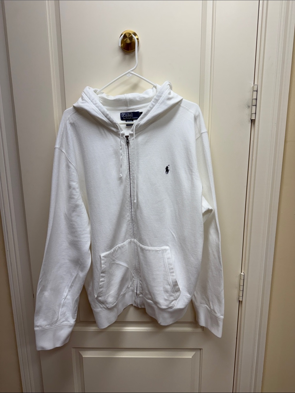 Ralph Lauren White Zip-Up Hoodie with Navy Polo Logo